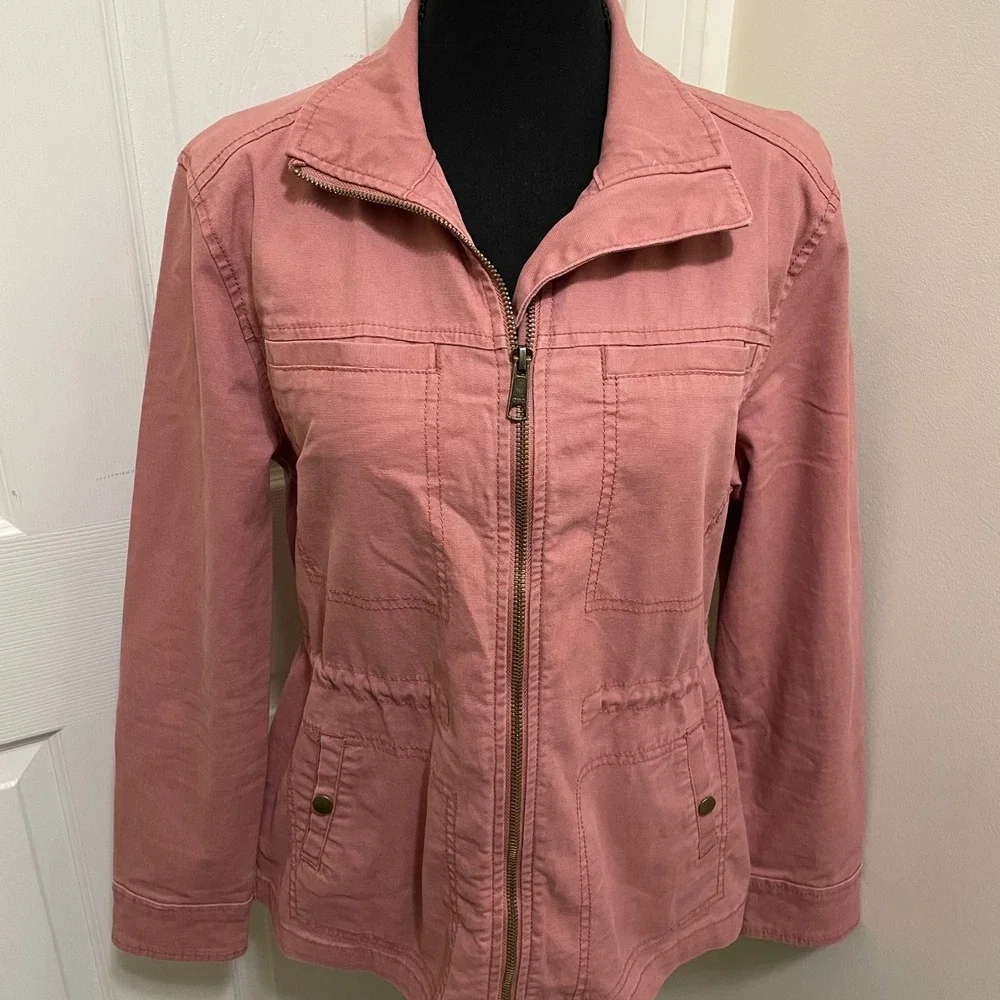 Old Navy Canvas Utility Jacket Pink Mauve Full Zip Drawstring‎ Waist Cinched XS